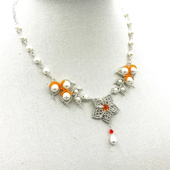 Hand Crafted Silver and Orange with Pearl Flower Necklace - Picture 3 of 9
